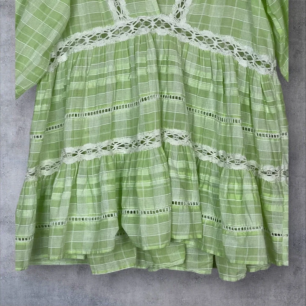 Free People Green Plaid Babydoll Tunic Mini Dress Womens S Oversized Tiered Boho